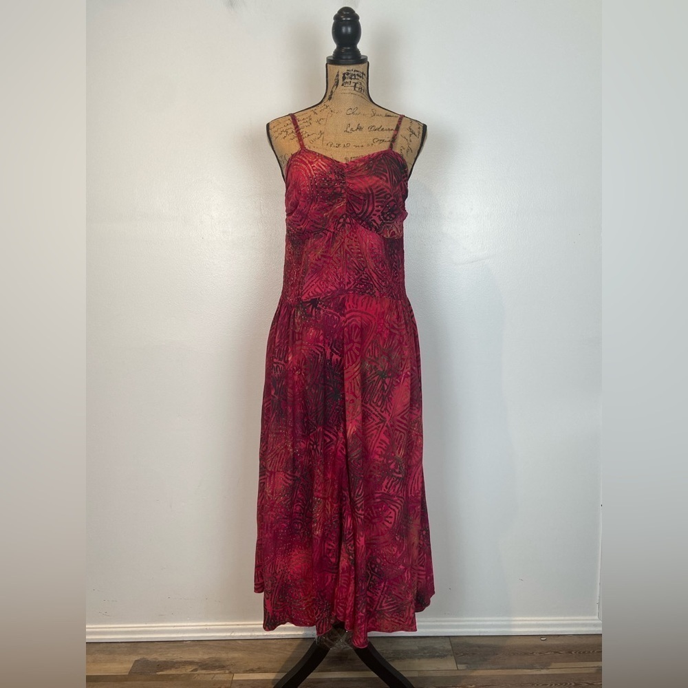 Island Girl Midi Dress Size L Bohemian Boho‎ Tribal Smocked Pockets Sweetheart
